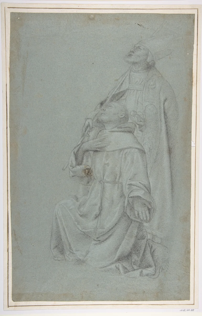 Kneeling St. Francis and St. Nicholas of Bari by Moretto da Brescia, drawing, 1498-1554