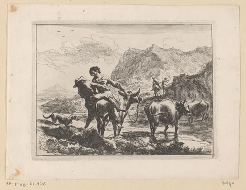 Herder en herderin op een ezel bij een voorde by Jan de Visscher, print, 1650-1701