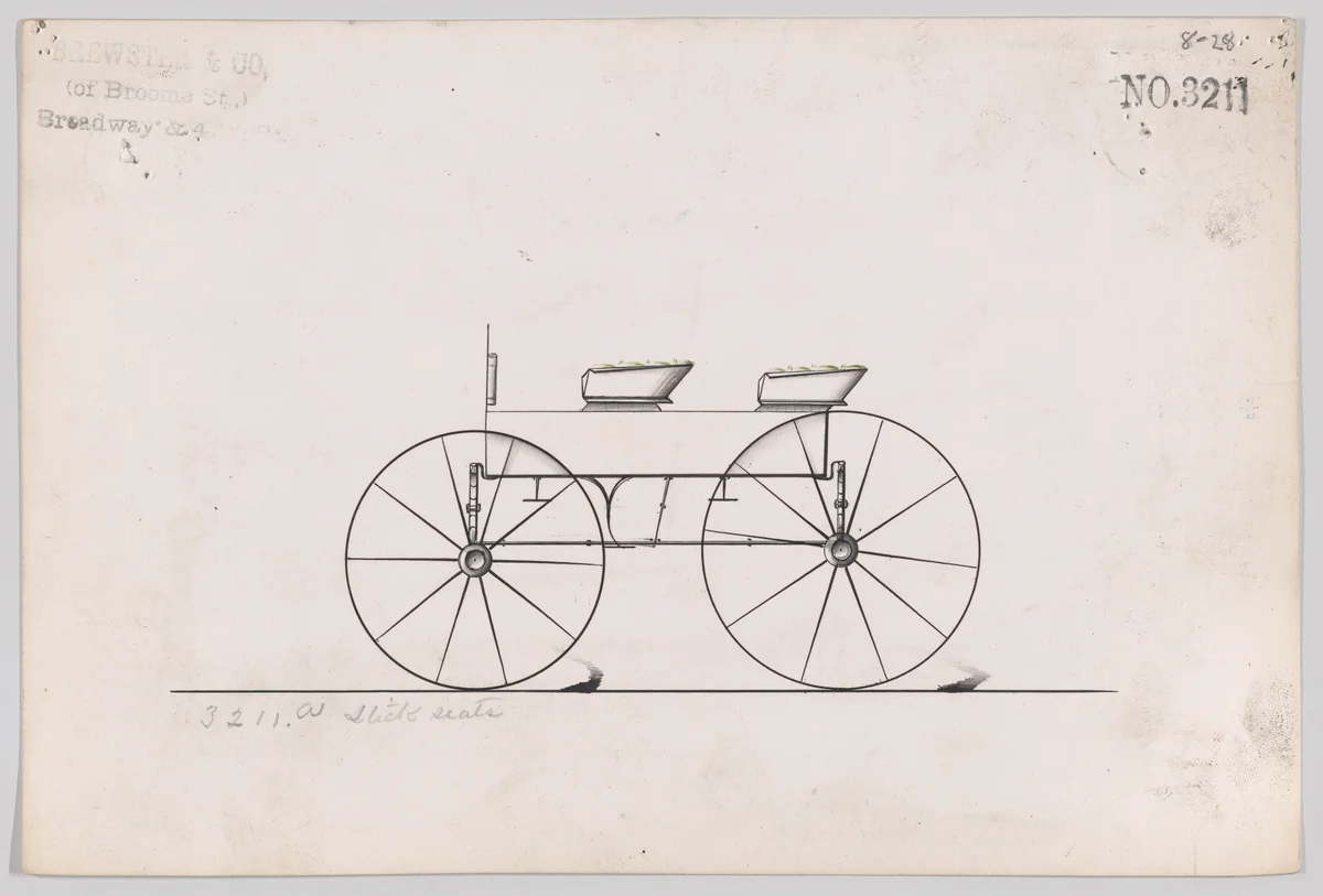 Design for 4 seat Phaeton, no top, no. 3211 by Brewster & Co., drawing, 1876