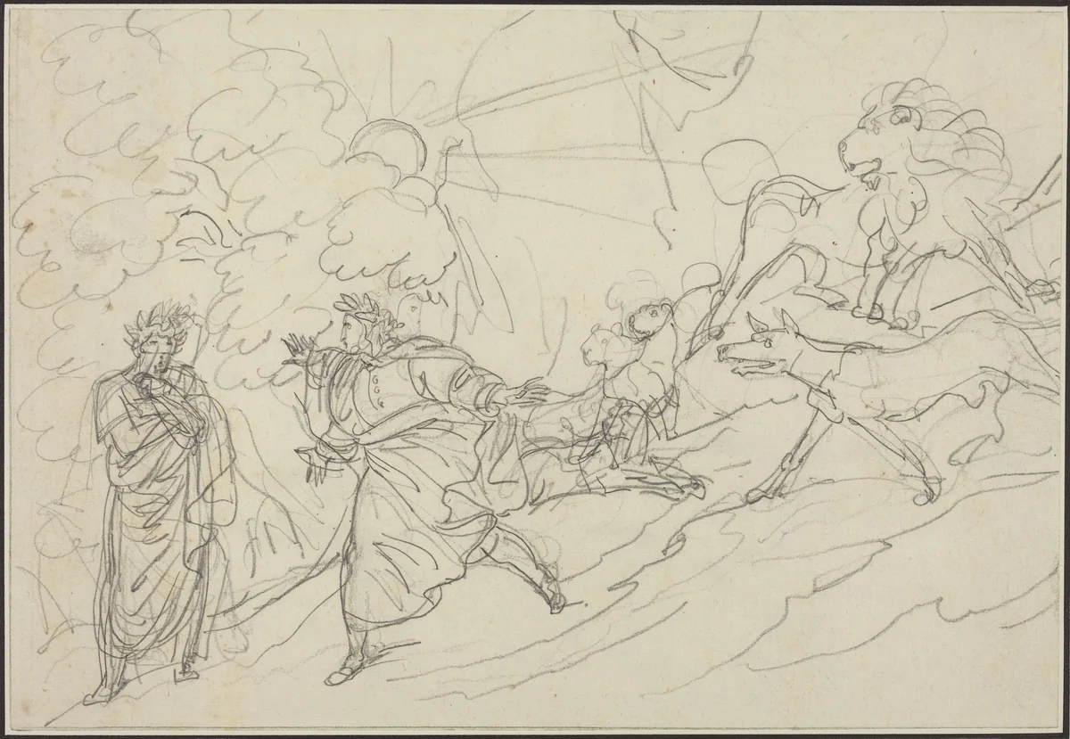 Dante Flees the Wild Beasts and Meets Virgil by Bartolomeo Pinelli, drawing, 1824