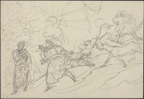 Dante Flees the Wild Beasts and Meets Virgil by Bartolomeo Pinelli, drawing, 1824