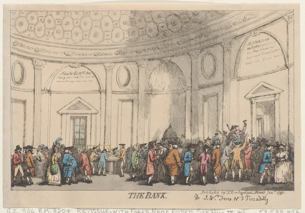 The Bank by Thomas Rowlandson, print, 1792