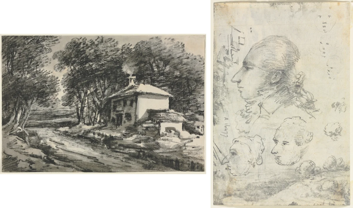 Landscape with Cottage (recto); Studies of Heads (verso) by Thomas Monro, drawing, 1820-1829