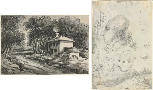 Landscape with Cottage (recto); Studies of Heads (verso) by Thomas Monro, drawing, 1820-1829