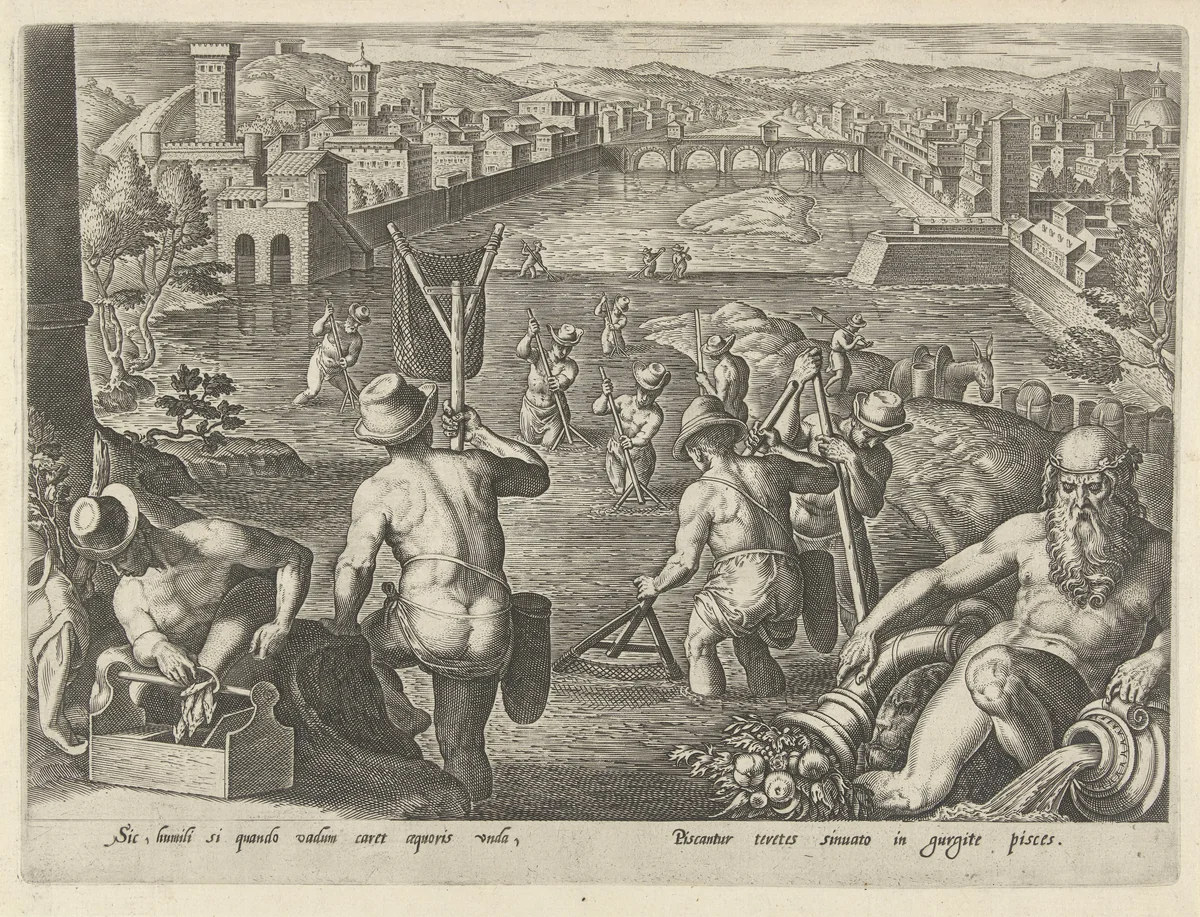 Visvangst met schepnet by Philips Galle, print, 1578