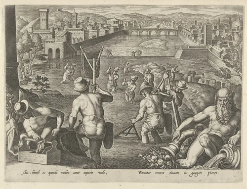 Visvangst met schepnet by Philips Galle, print, 1578