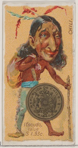 Caricatured Chilean figure, 1 Escudo, from the series Coins of All Nations (N72, variation 2) for Duke brand cigarettes by W. Duke, Sons & Co., print, 1889