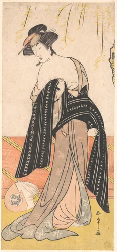 The Actor Nakamura Riko as an Oiran Tying Her Obi by Katsukawa Shunshô (勝川春章), print, 1769-1789