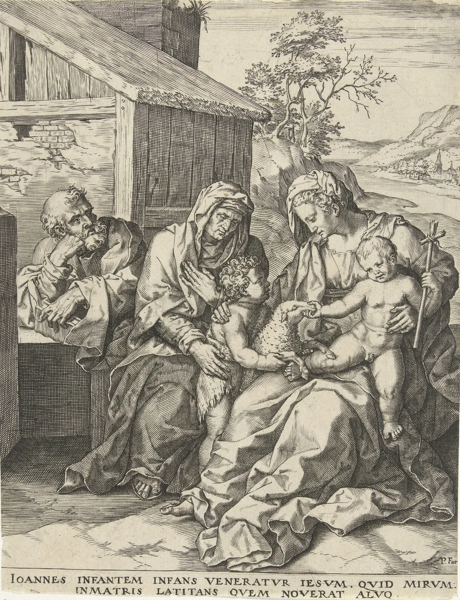 Heilige Familie met Elisabet en Johannes de Doper by Unknown, print, 1550-1625