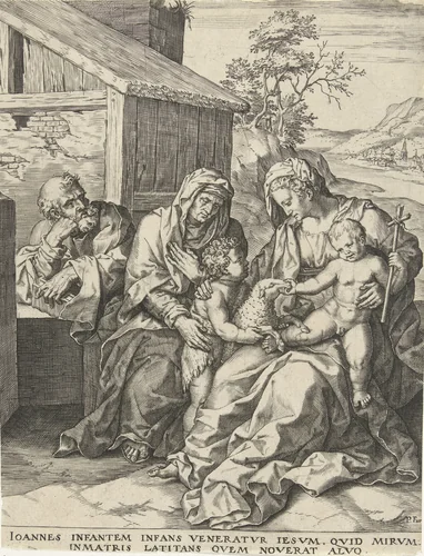 Heilige Familie met Elisabet en Johannes de Doper by Unknown, print, 1550-1625