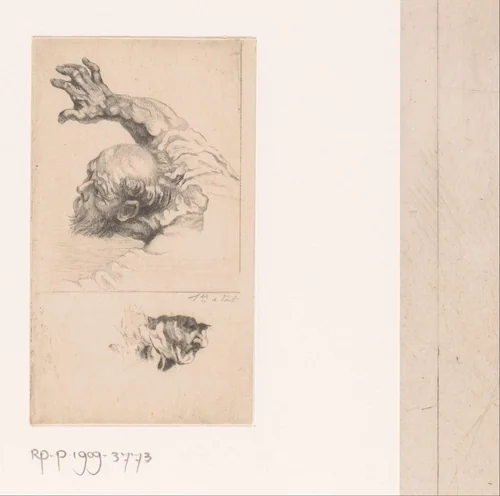 Studie van een oude man met uitgestrekte arm by Auguste Danse, print, 1839-1909