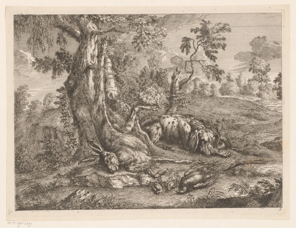 Jachthond en jachtbuit met haas en vogels by Johann Georg Wachsschlunger, print, 1725-1790