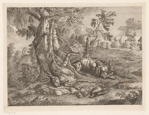 Jachthond en jachtbuit met haas en vogels by Johann Georg Wachsschlunger, print, 1725-1790