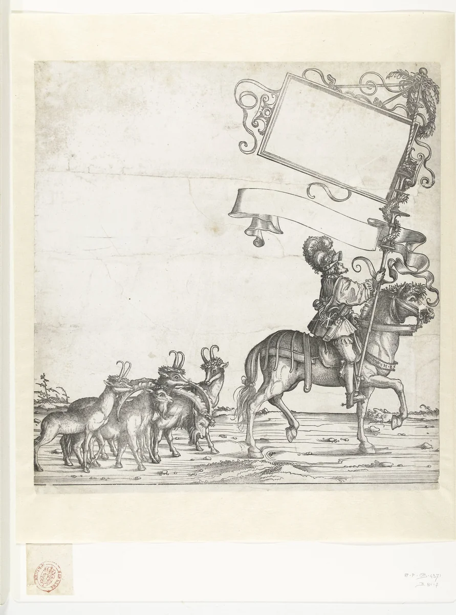 Steenbokken en gemzen en standaarddrager te paard by Hans Burgkmair, print, 1483-1526