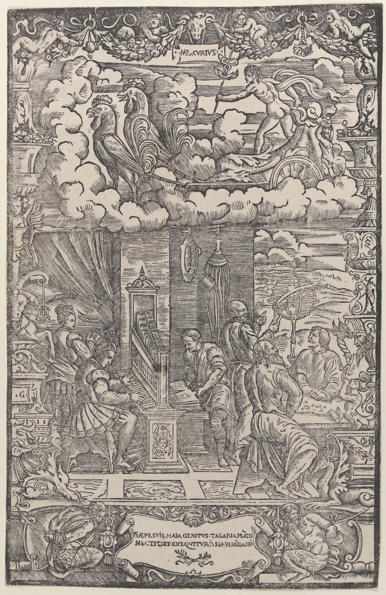 In upper section Mercury in a chariot drawn by two cocks, below musicians and astronomers, from 'The Seven Planets' by Girolamo Grandi, print, 1533