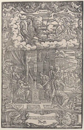 In upper section Mercury in a chariot drawn by two cocks, below musicians and astronomers, from 'The Seven Planets' by Girolamo Grandi, print, 1533