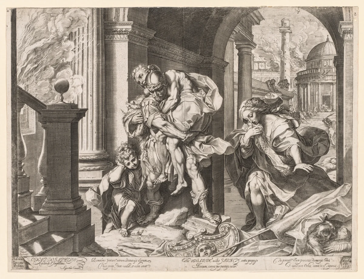 Aeneas and His Family Fleeing Troy by Agostino Carracci, print, 1595