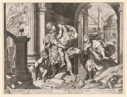 Aeneas and His Family Fleeing Troy by Agostino Carracci, print, 1595