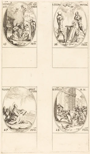 The Nativity; St. Stephen; St. John; Holy Innocents by Jacques Callot, print, 1627-1637