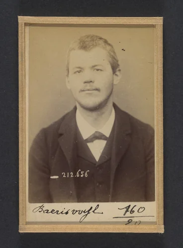 Baerisvuyl. Frédéric, Jean. 28 ans, né à Fribourg (Suisse). Ébéniste. Anarchiste. 8/1/93. by Alphonse Bertillon, photograph, 1893