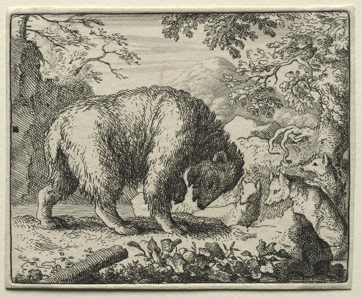 Reynard the Fox: Reynard Promises Honey to the Bear by Allart van Everdingen, print, 1650-1675