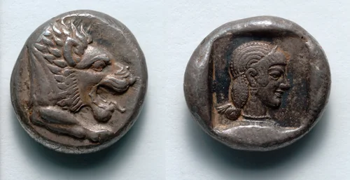 Drachm: Forepart of Lion (obverse); Head of Aphrodite (reverse) by Unknown, metalwork, -465--449