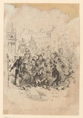 Polly Toodle rent naar een jongen die door een menigte wordt lastiggevallen by Hablot Knight Browne, print, 1846