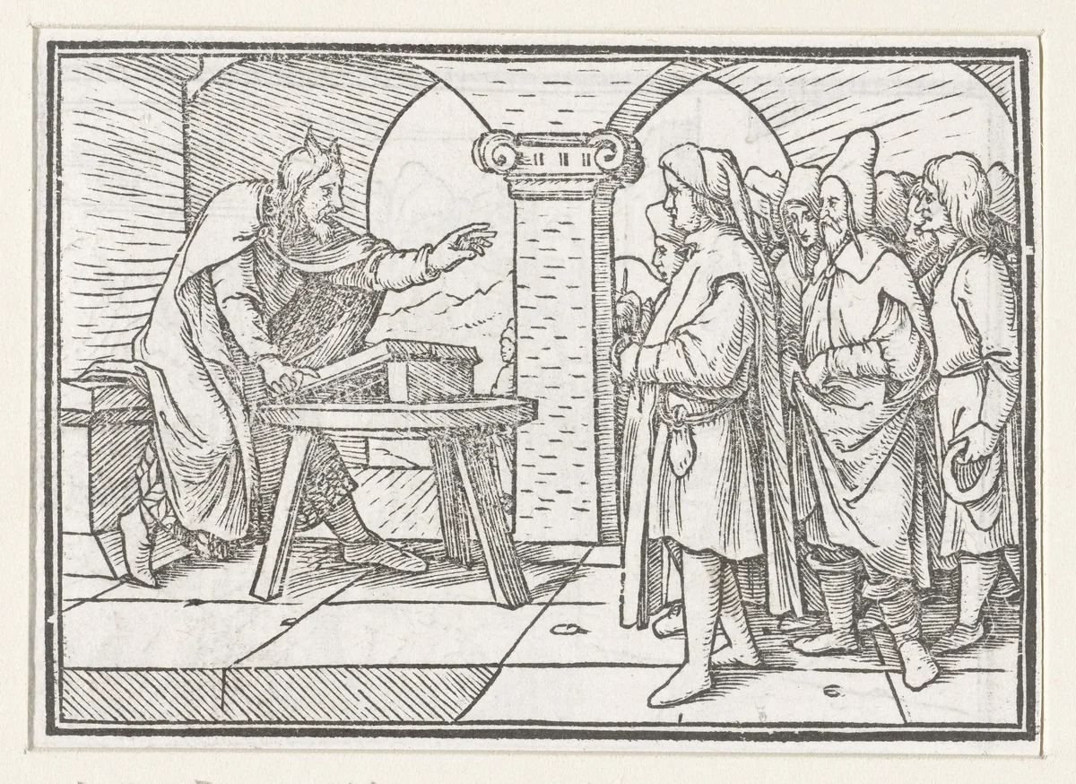 Mozes onderwijst Israëlieten in wetten by Hans Holbein, print, 1538
