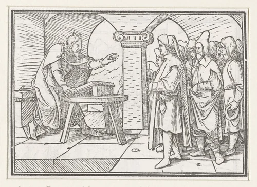 Mozes onderwijst Israëlieten in wetten by Hans Holbein, print, 1538