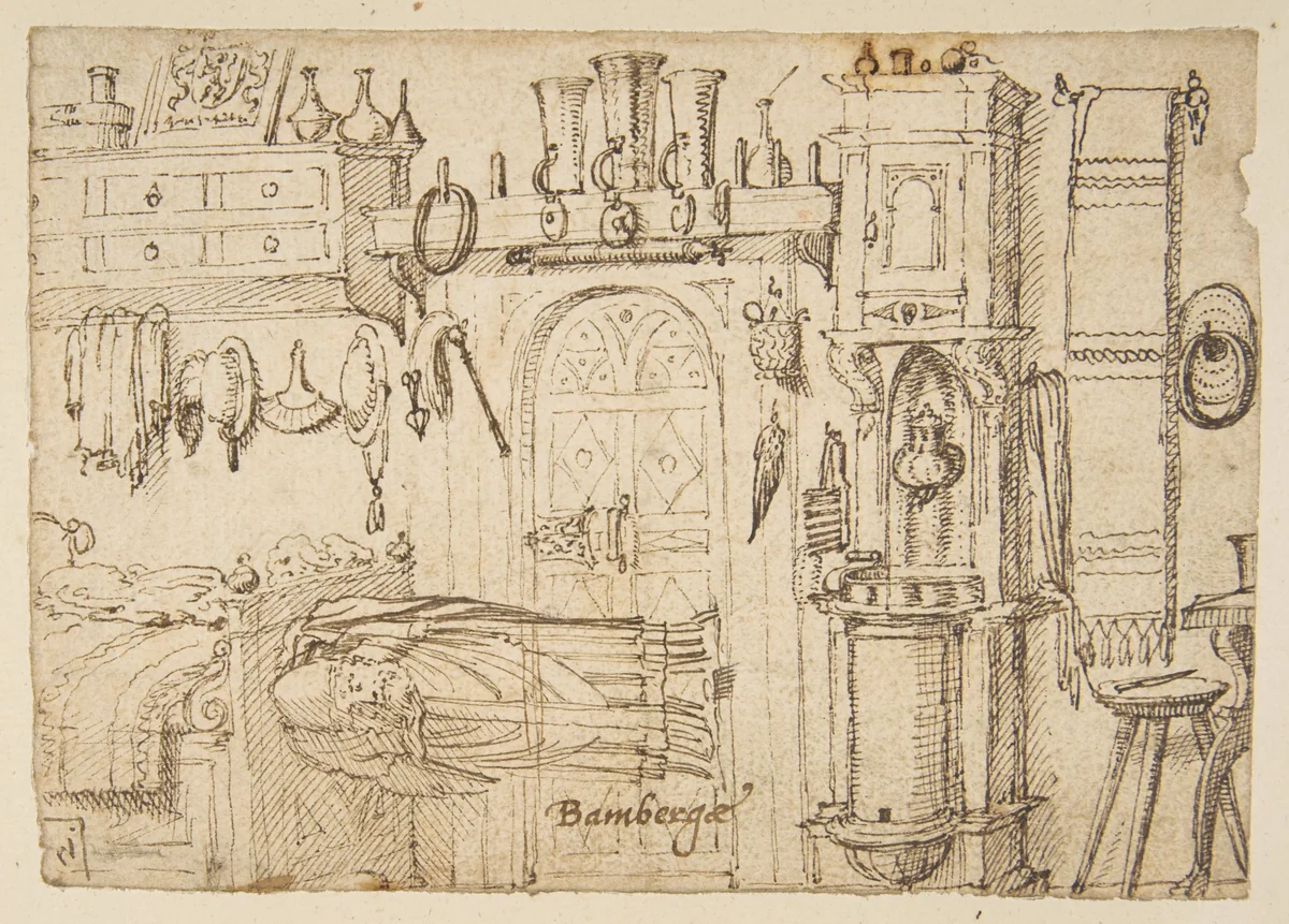 Study sheets with sketches of interiors, animals, sculpture, figures, notes by anonymous, drawing, 1500-1600