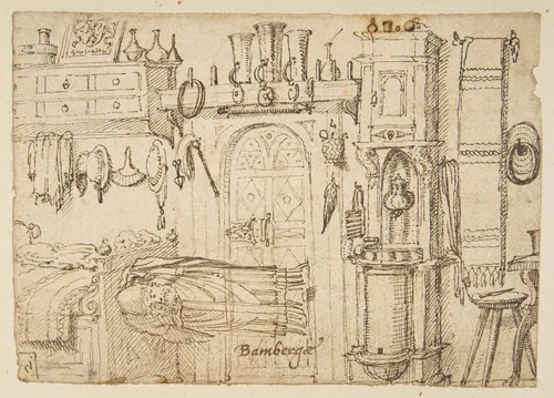 Study sheets with sketches of interiors, animals, sculpture, figures, notes by anonymous, drawing, 1500-1600