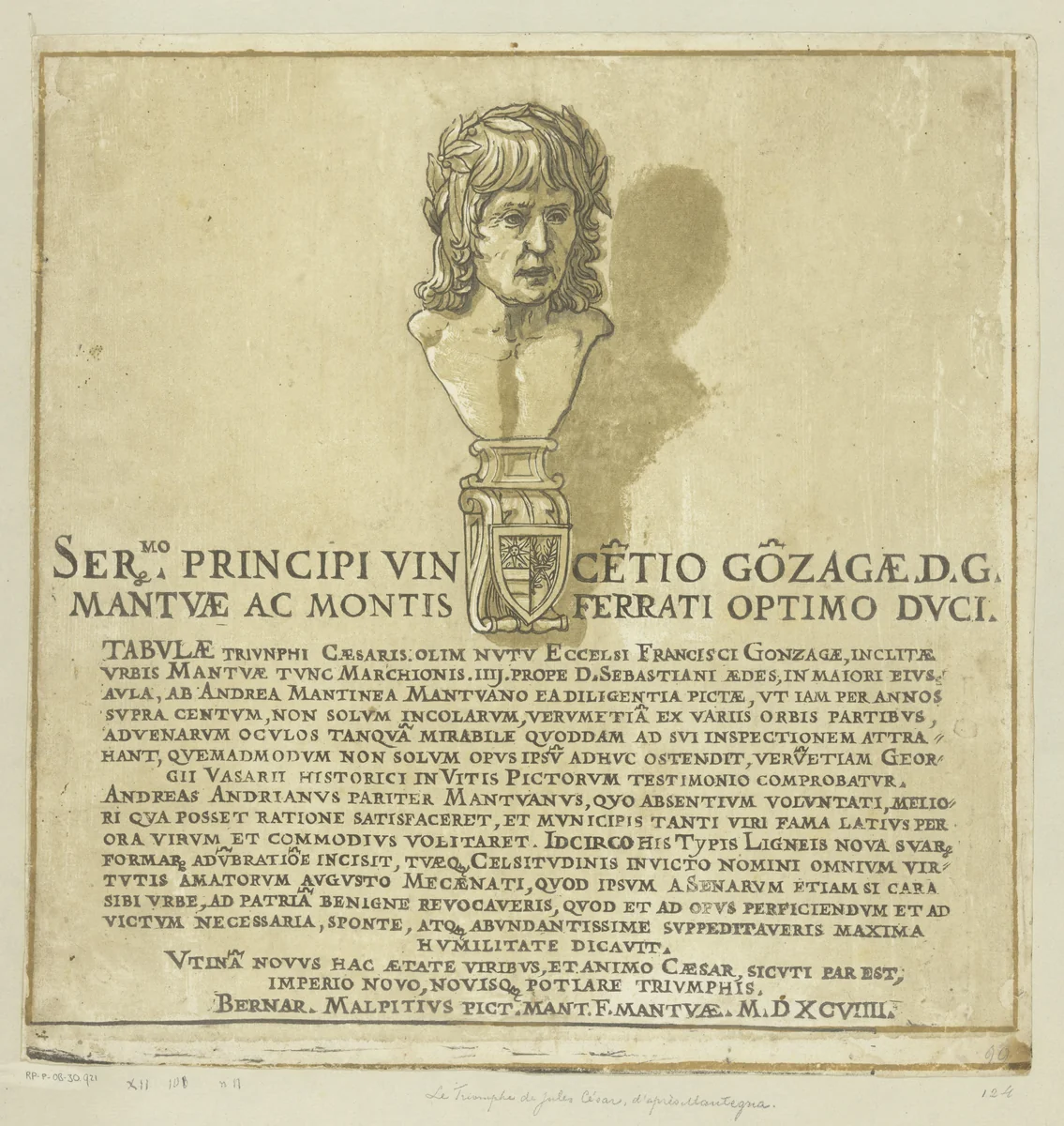 Titelprent met portret van kunstenaar Andrea Mantegna by Andrea Andreani, print, 1599