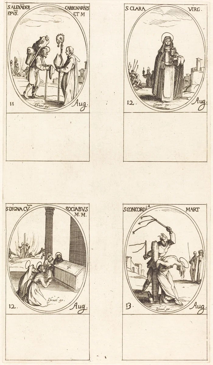 St. Alexander Carbonarius; St. Clare; St. Digna and Companions; St. Concordia by Jacques Callot, print, 1627-1637