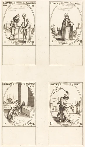 St. Alexander Carbonarius; St. Clare; St. Digna and Companions; St. Concordia by Jacques Callot, print, 1627-1637