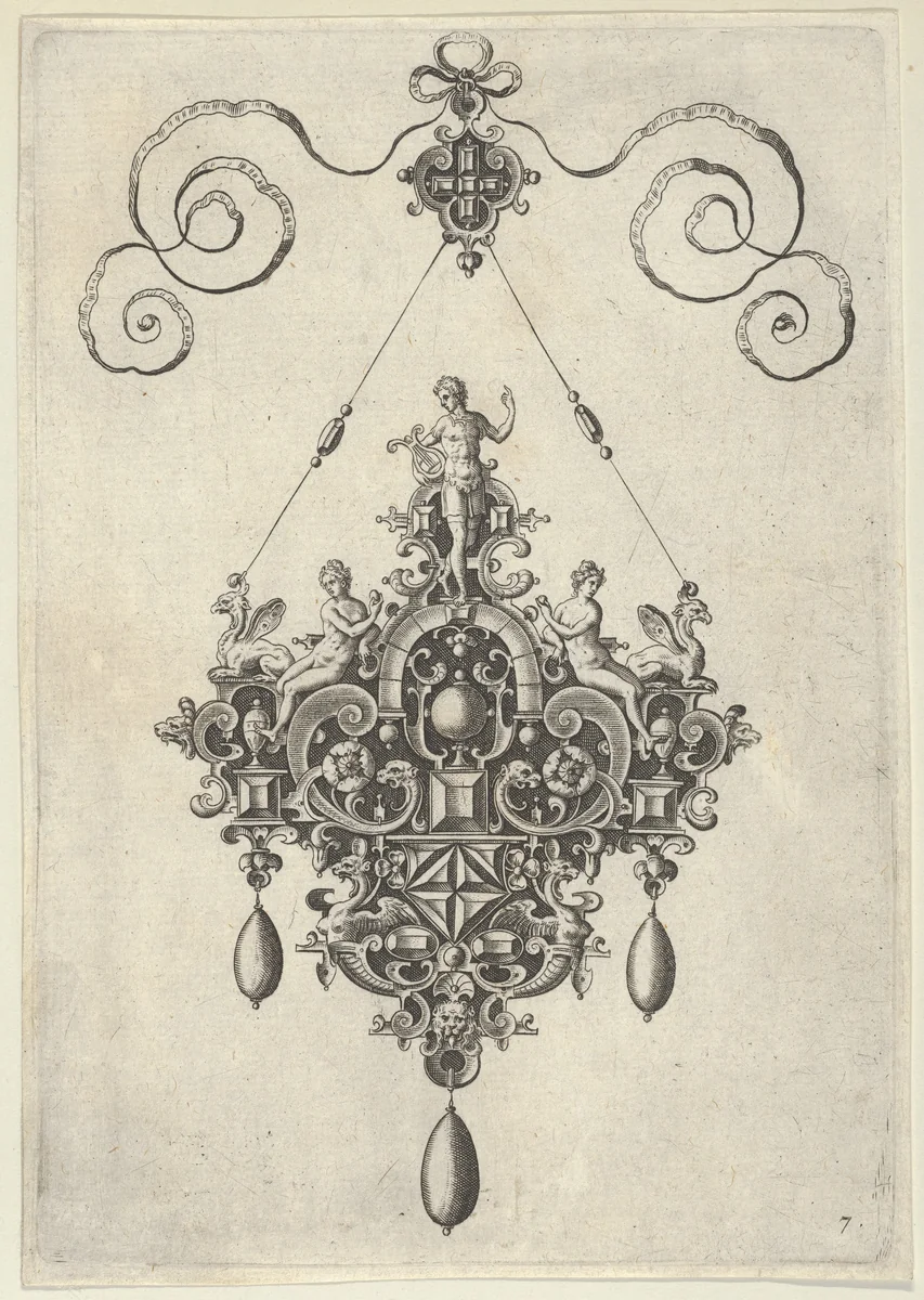 Pendant Design with Apollo Standing on an Arch Flanked by Female Figures Holding Fruit by Jan Collaert, print, 1581-1636