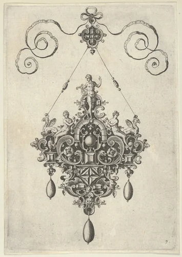 Pendant Design with Apollo Standing on an Arch Flanked by Female Figures Holding Fruit by Jan Collaert, print, 1581-1636