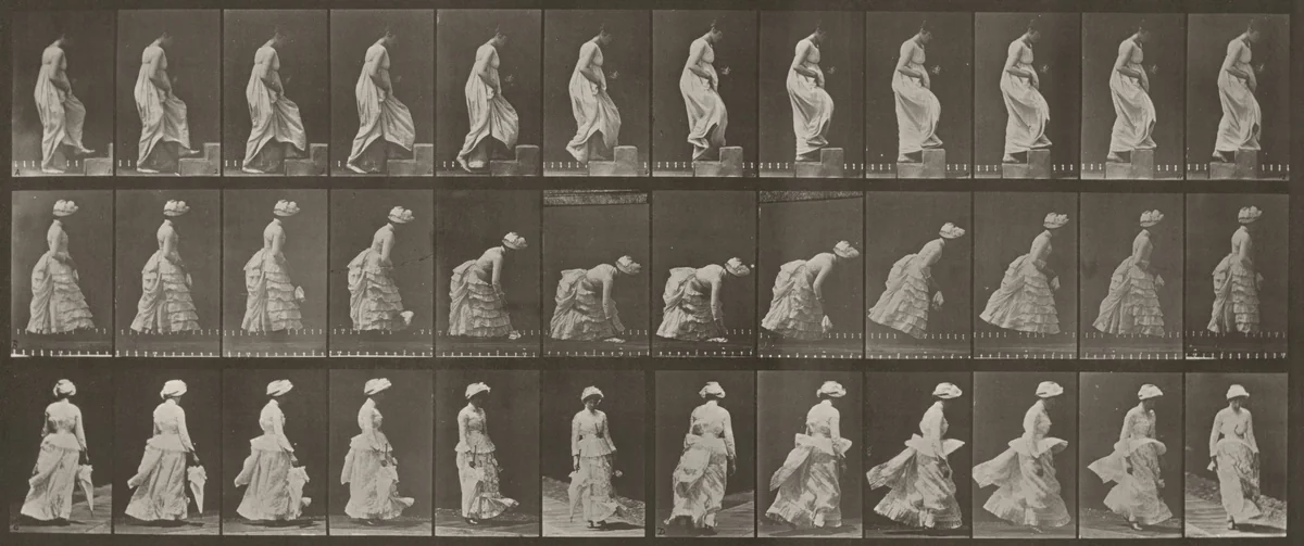 Plate Number 487. A: Ascending a step. B: Lifting a handkerchief from the ground. C: Walking. D: Running by Eadweard Muybridge, photograph, 1887