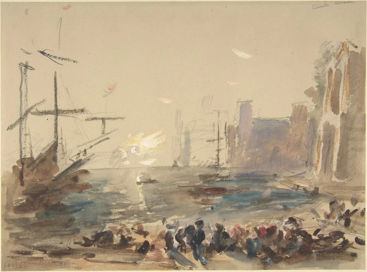 Seaport after Claude Lorraine (recto); Indecipherable sketch (verso) by Hercules Brabazon Brabazon, drawing, 1840-1906