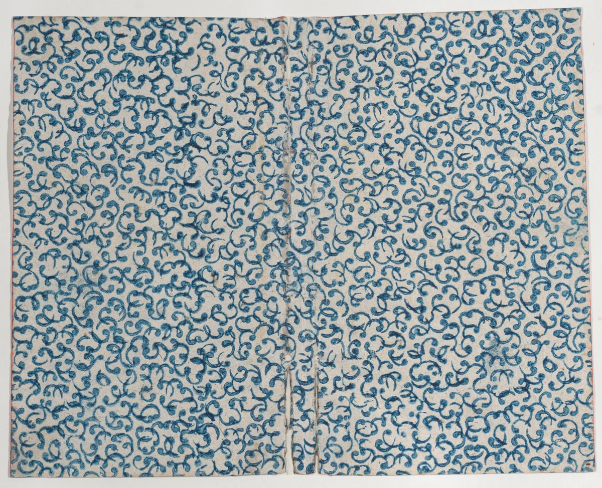 Book cover with blue curved line pattern by anonymous, print, 1800-1900