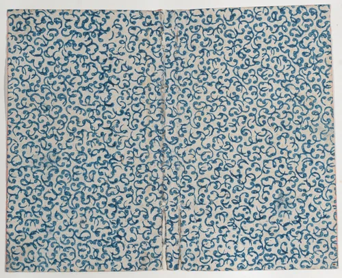 Book cover with blue curved line pattern by anonymous, print, 1800-1900