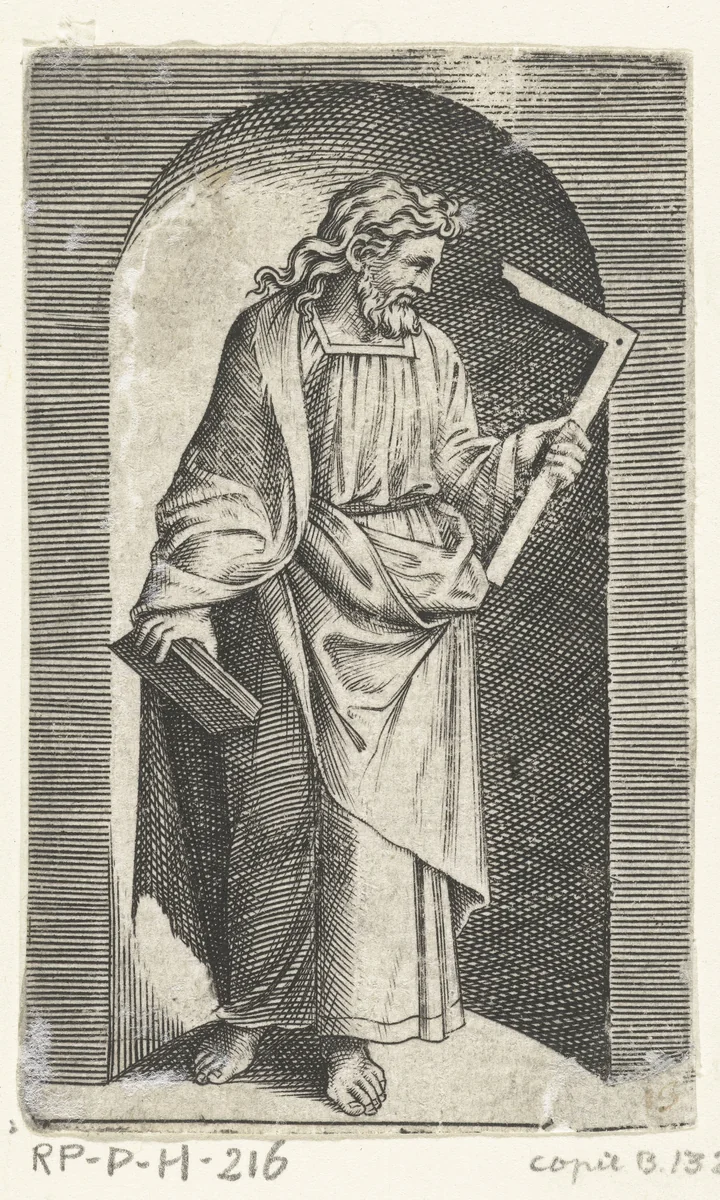 Apostel Tomas met winkelhaak staand in nis by anonymous, print, 1517-1577