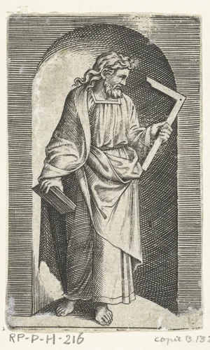 Apostel Tomas met winkelhaak staand in nis by anonymous, print, 1517-1577