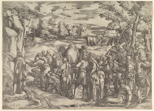 Moses Drawing Water from the Rock, at left with water flowing, various figures and animals waiting at right by Battista Franco, print, 1547-1566