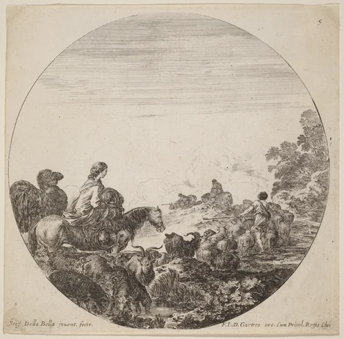 Shepherds and Flock with Woman and Camel by Stefano della Bella, print, 1646