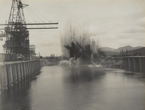 Balboa Terminals. Entrance basin to Dry Dock #1. Blowing up protection dike by Unidentified Photographer, photograph, 1916