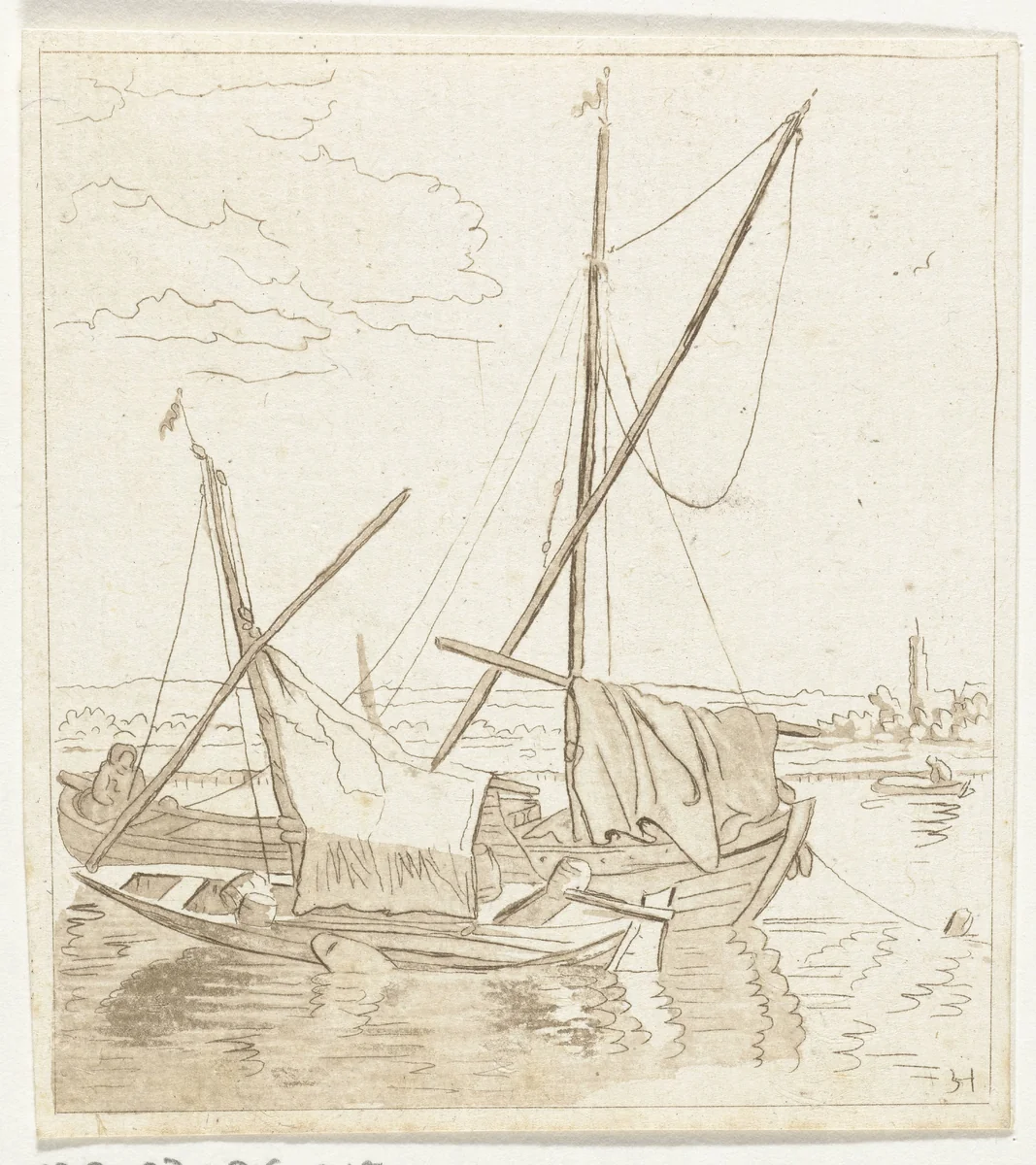 Twee zeilschepen in een rivier by Anthonie van den Bos, print, 1778-1838