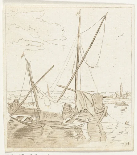 Twee zeilschepen in een rivier by Anthonie van den Bos, print, 1778-1838
