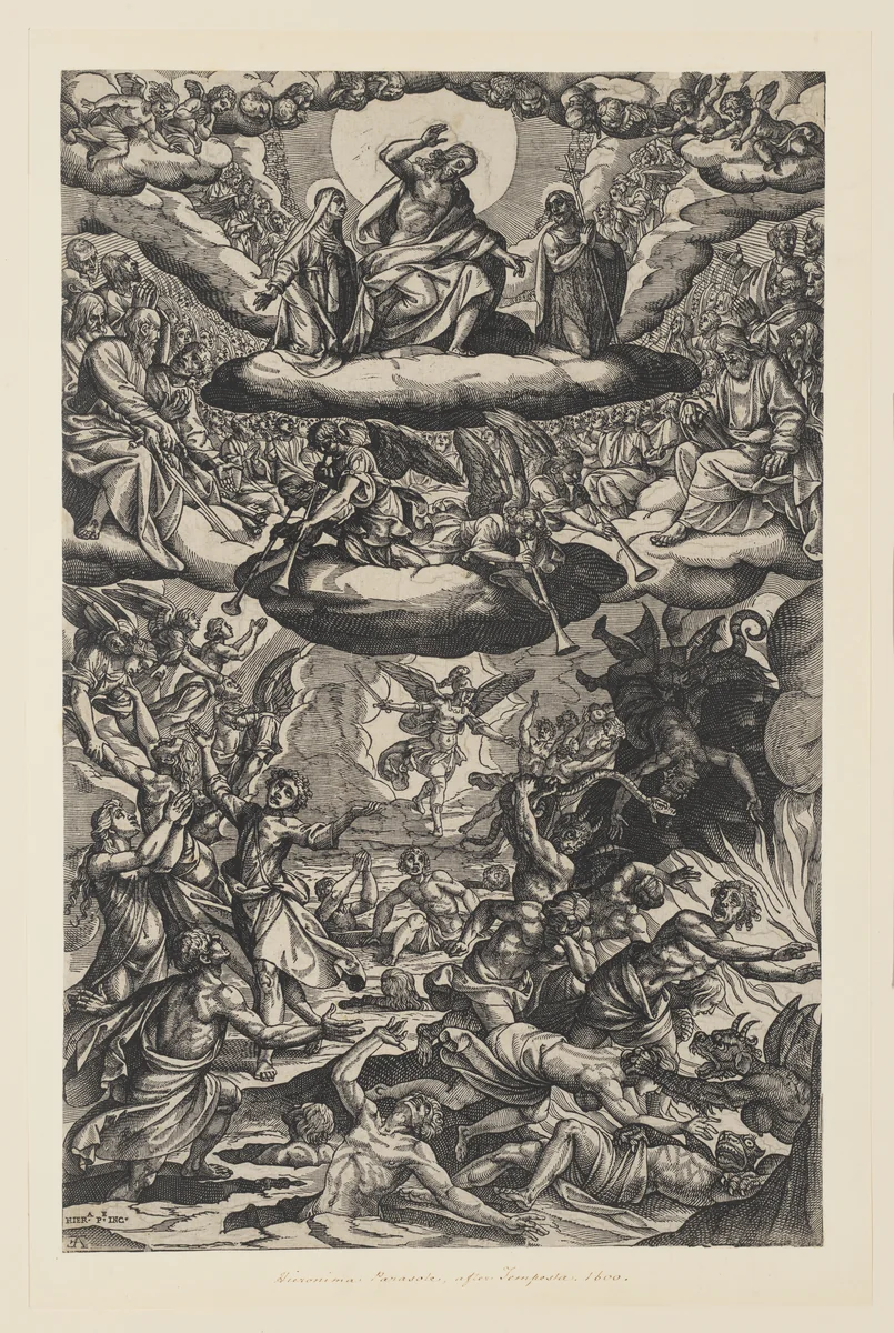 The Last Judgment with Christ on a Cloud above and with the damned below by Geronima Parasole, print, 1595-1627
