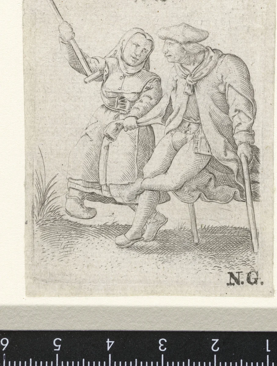 Dansende man en vrouw gekleed als burgers by Unknown, print, 1577
