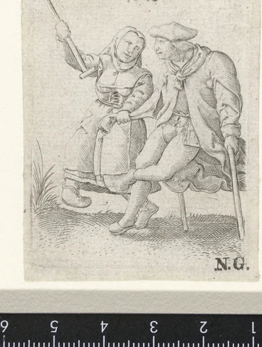 Dansende man en vrouw gekleed als burgers by Unknown, print, 1577